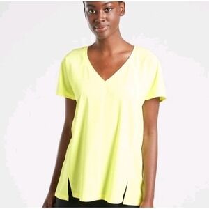 Athleta Women's Boulevard V-Neck Sporty Tee T-Shirt Neon Alarm Clock Yellow Sz M